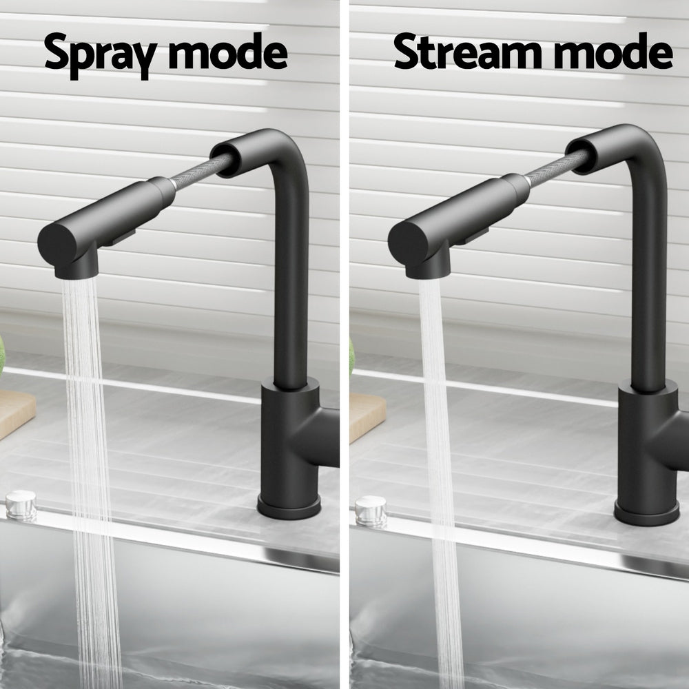 Black pull-out kitchen faucet showing spray mode and stream mode from sprayer head