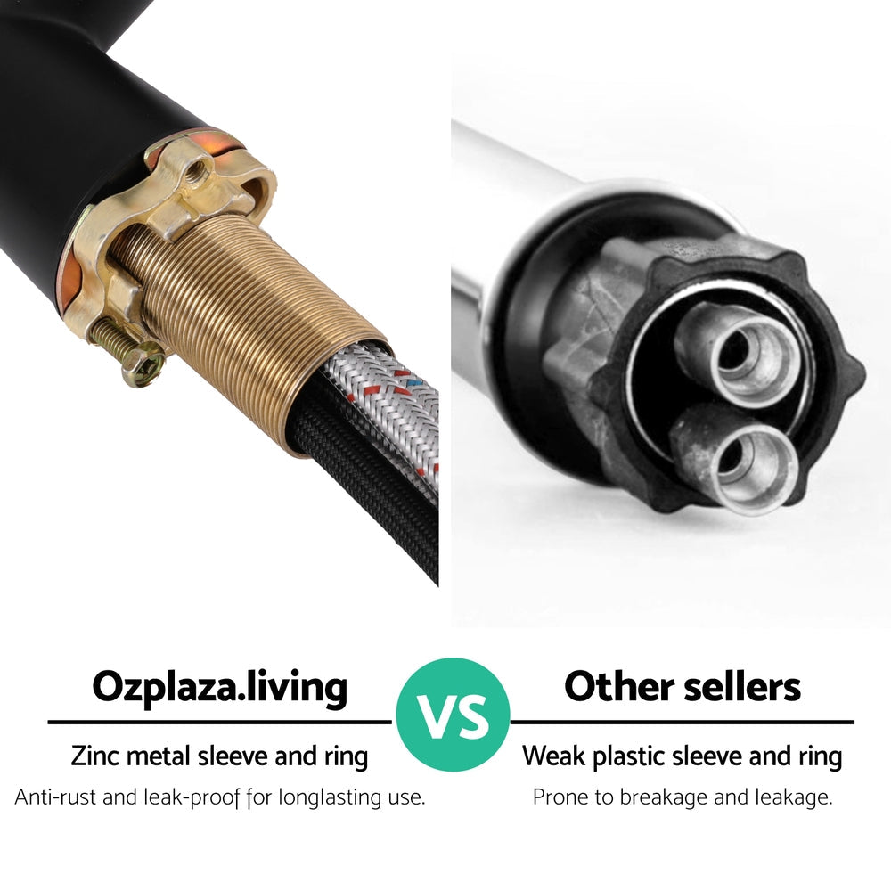 Braided hose connection and dual outlet ports for pull-out kitchen faucet, black fittings