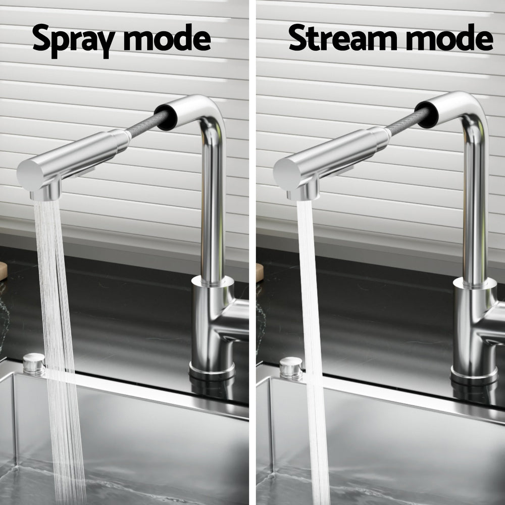 Chrome kitchen mixer tap with pull-down hose and dual spray/stream modes