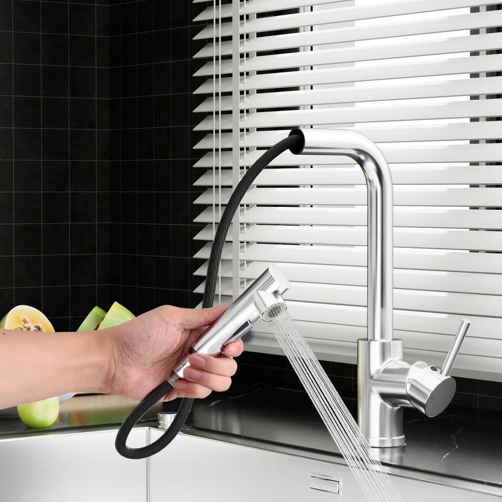 Chrome pull-out kitchen tap spout with flexible spray hose and handheld nozzle
