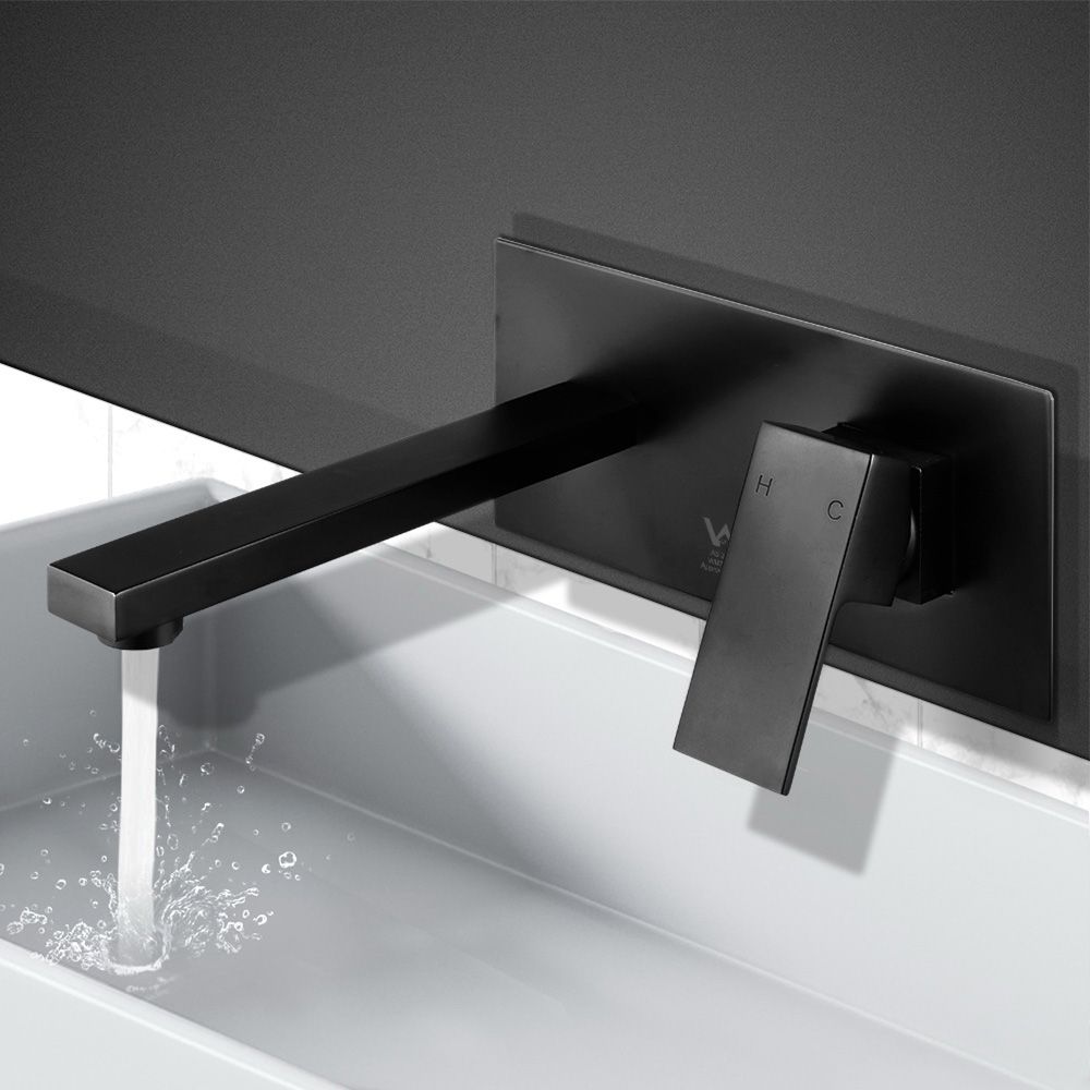 Wall-mounted black basin mixer tap with long spout and single lever handle