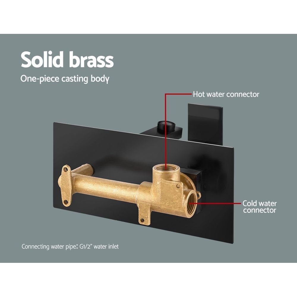 Black shower/basin mixer valve body with exposed brass hot and cold water connectors
