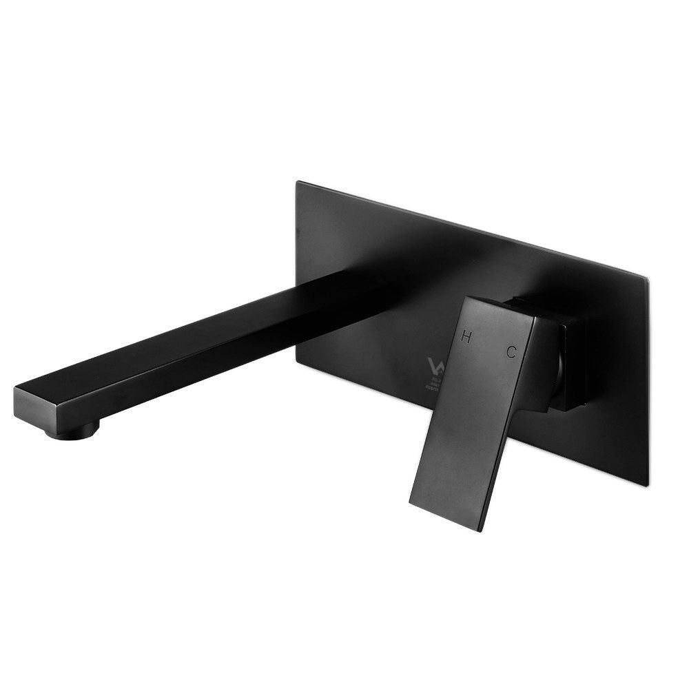 Wall-mounted black basin mixer tap with slim spout and angled lever handle