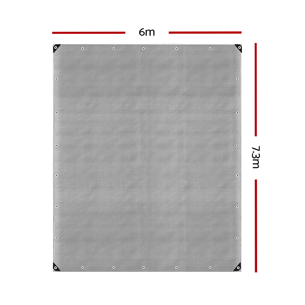 Rectangular silver-gray tarpaulin with grommets spaced around the perimeter edges