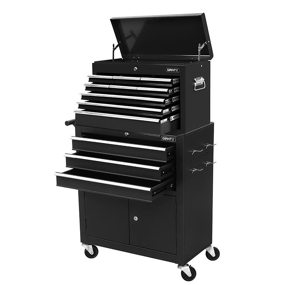Black 12-drawer tool chest trolley with open top lid and multiple horizontal drawers