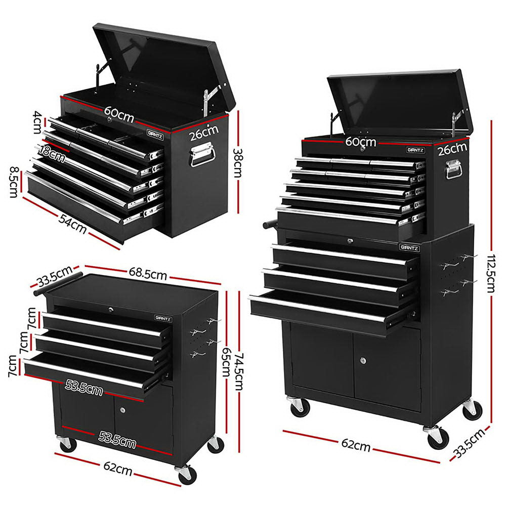 Black tool chest trolley with open drawers, top lid, side storage cabinet, and caster wheels