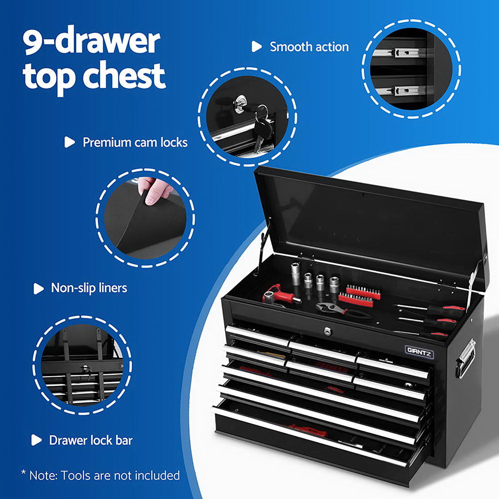 12-drawer top tool chest with open lid showing drawers and accessory compartment