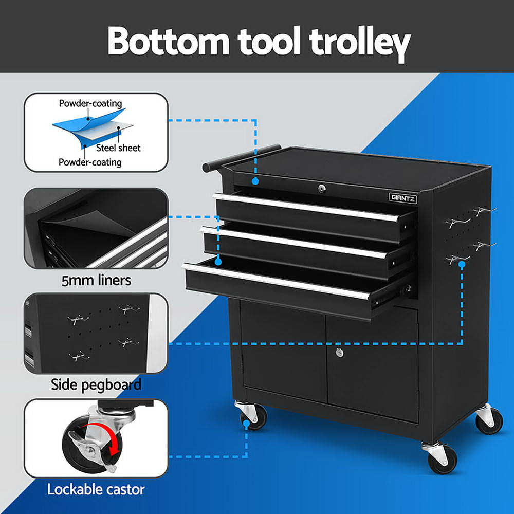 Black tool chest trolley with open drawers and side cabinet, lockable caster wheels