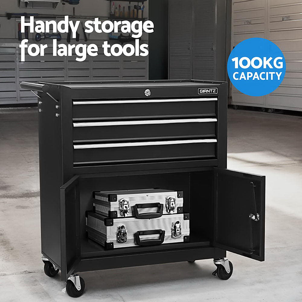 Black tool chest trolley with open lower cabinet and multiple drawers on caster wheels
