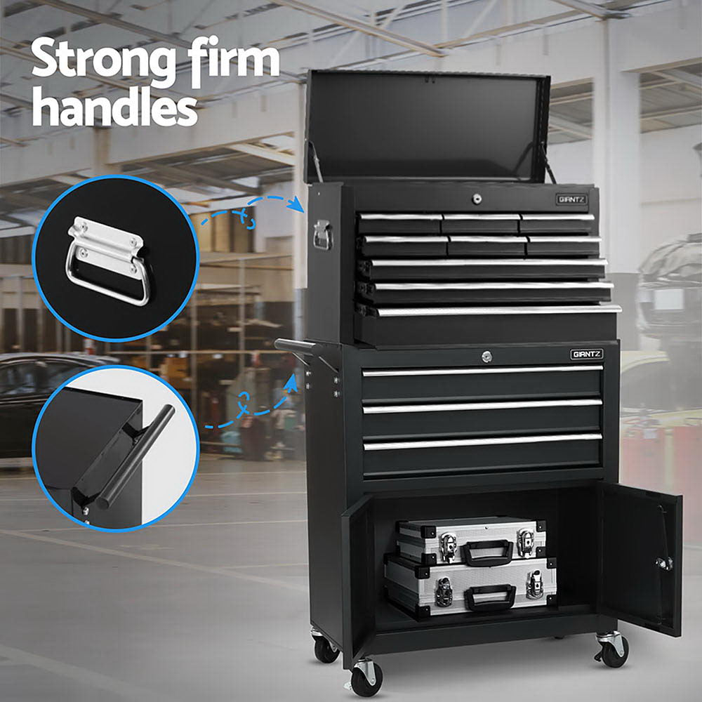 Black 12-drawer tool chest trolley with open top lid and side cabinet, on caster wheels