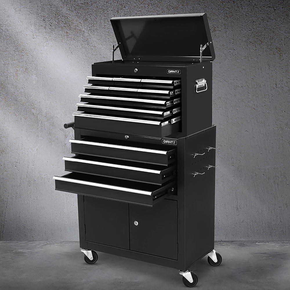 Black tool chest trolley with open top lid, stacked drawers, and front caster wheels