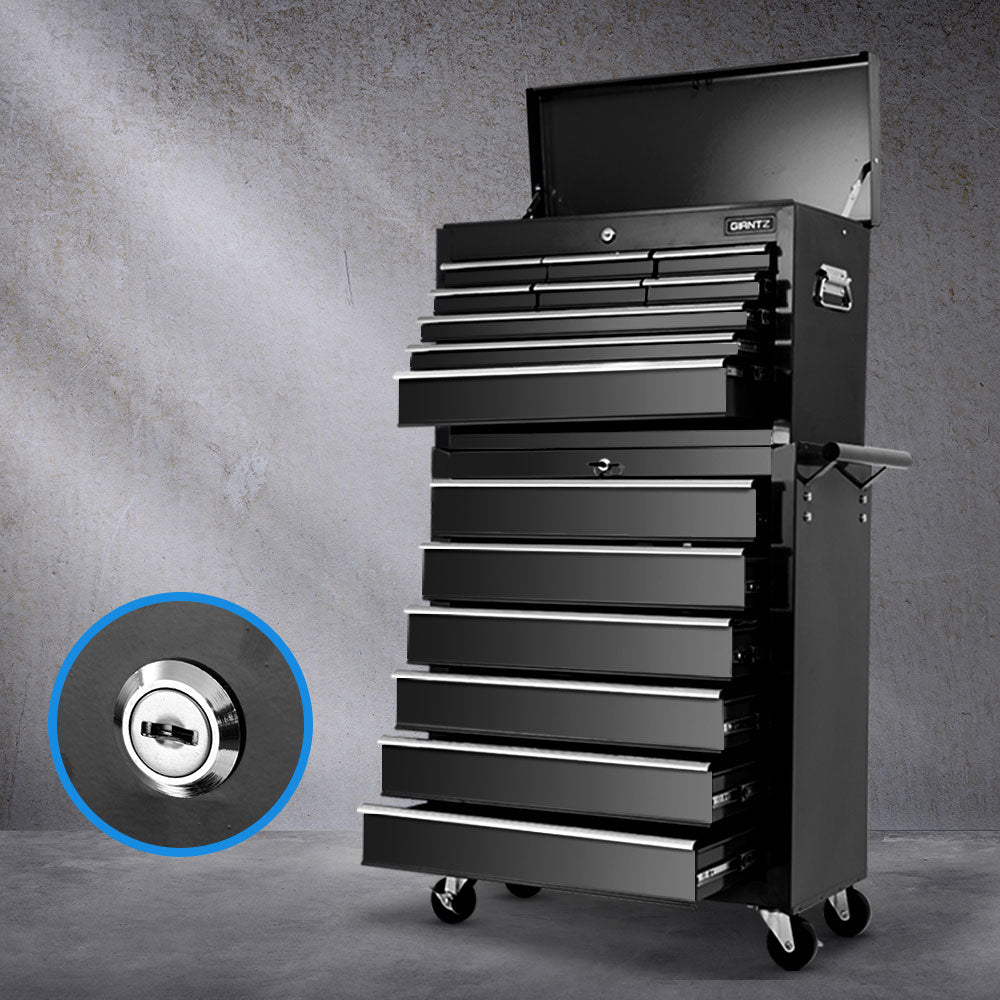 Black 15-drawer tool box cabinet with open top lid and caster wheels