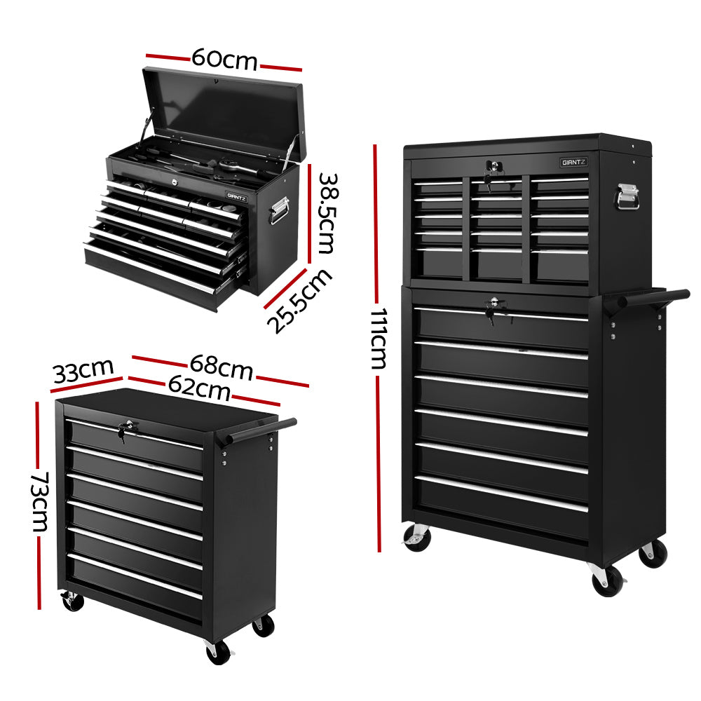 Black tool box cabinet with open lid, multiple drawer rows, and side handle