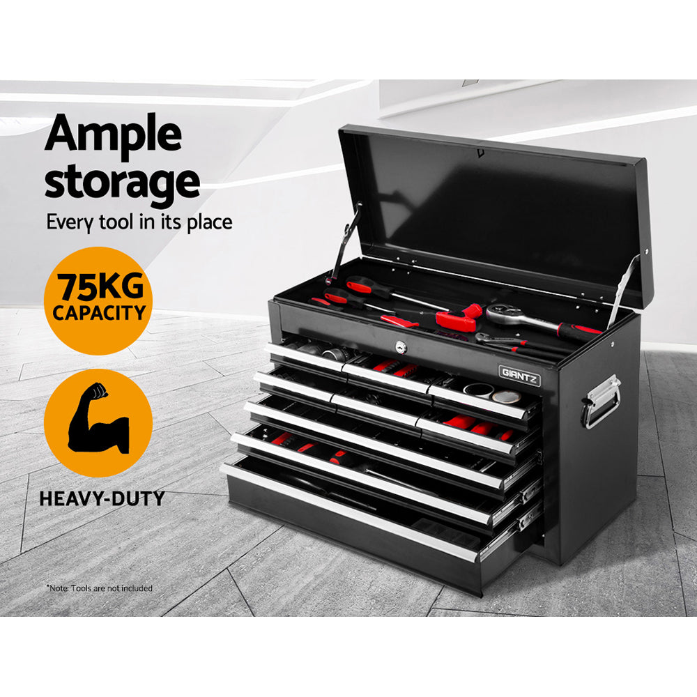 Black rolling tool box chest with open lid and organized drawer stacks