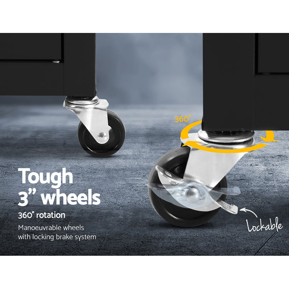 Black cabinet caster wheel with locking brake on rolling tool box base