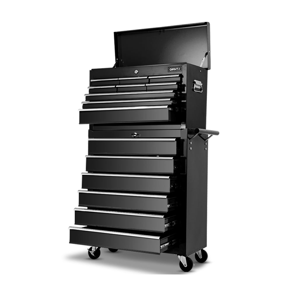 Black 15-drawer tool box cabinet with open lid and front caster wheels