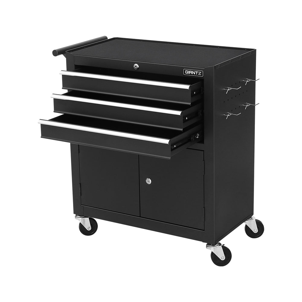 Black 3-drawer tool chest cabinet with side pegboard and lockable wheels