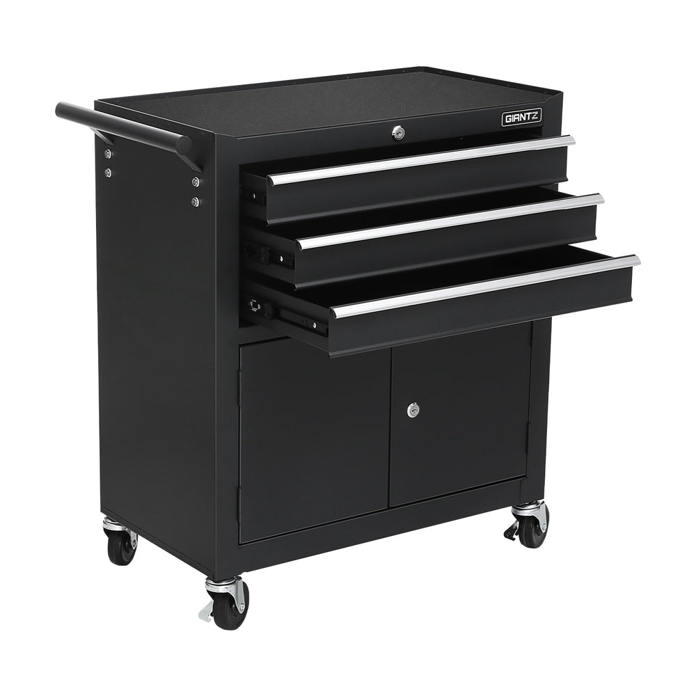 Black tool chest cabinet with open top drawers, side latch and caster wheels