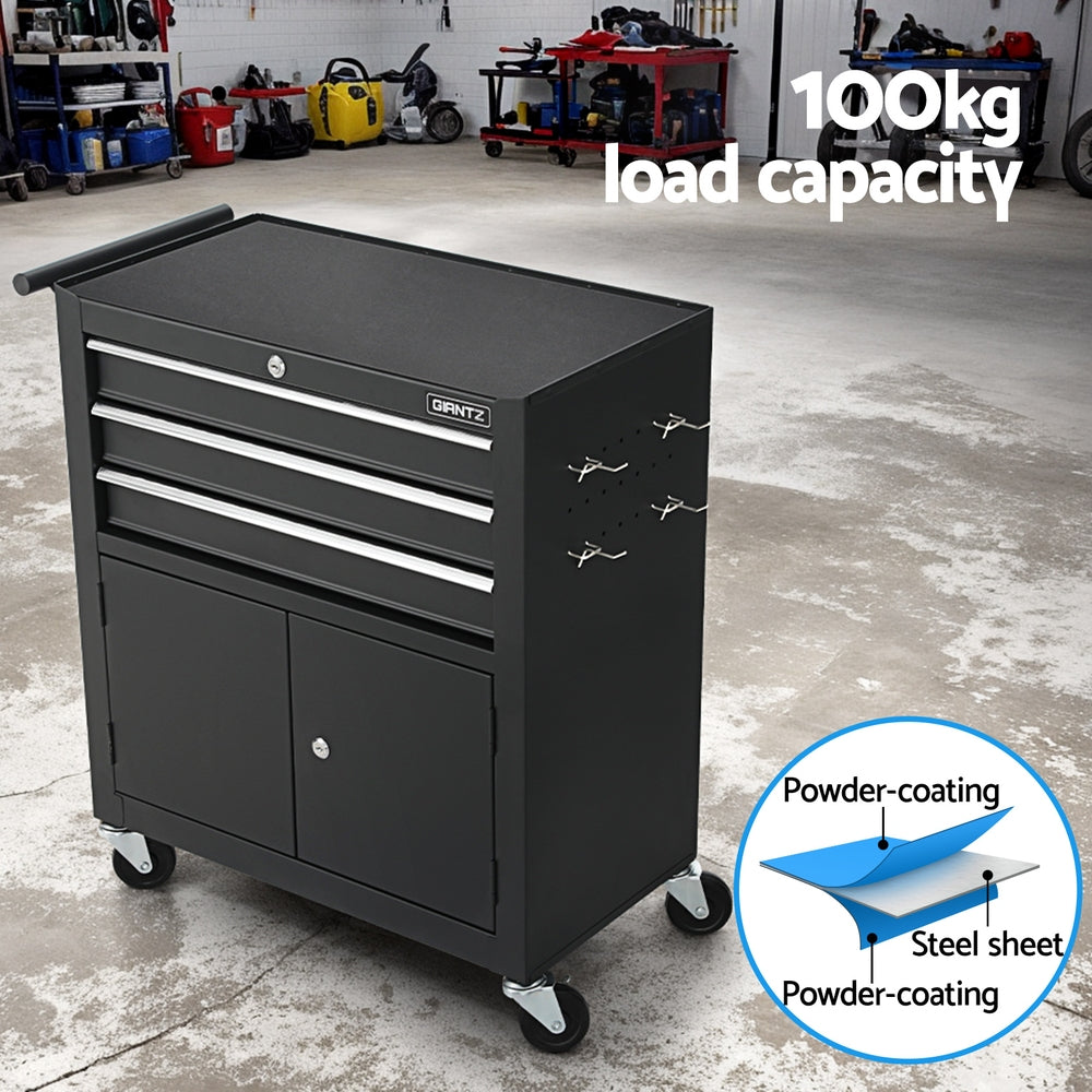 Black 3-drawer tool chest cabinet with steel body and caster wheels