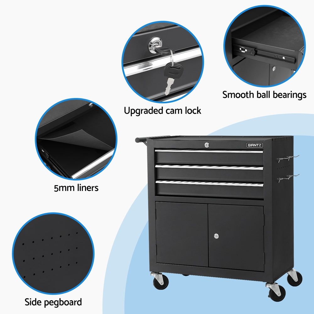 Black tool chest cabinet with side pegboard, cam lock, and caster wheels