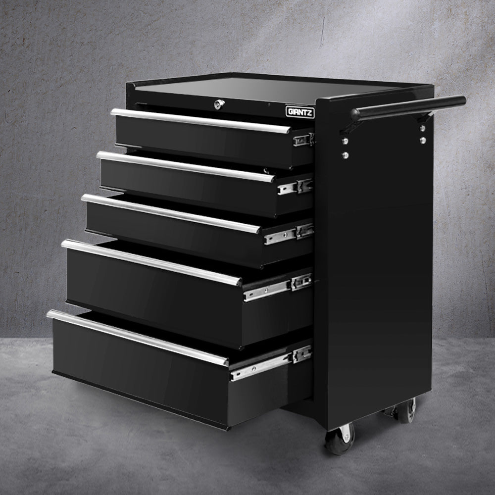 Black 5-drawer tool chest cabinet with pull-out drawers and side door, on wheels