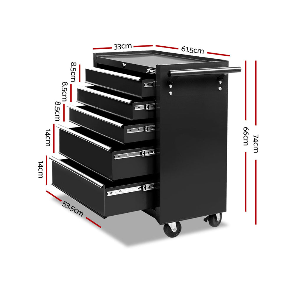 Black 5-drawer tool chest cabinet with top handle and side door, mounted on casters