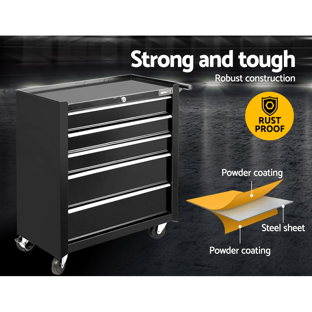 Black 5-drawer tool chest cabinet with drawer pulls and side door, on casters