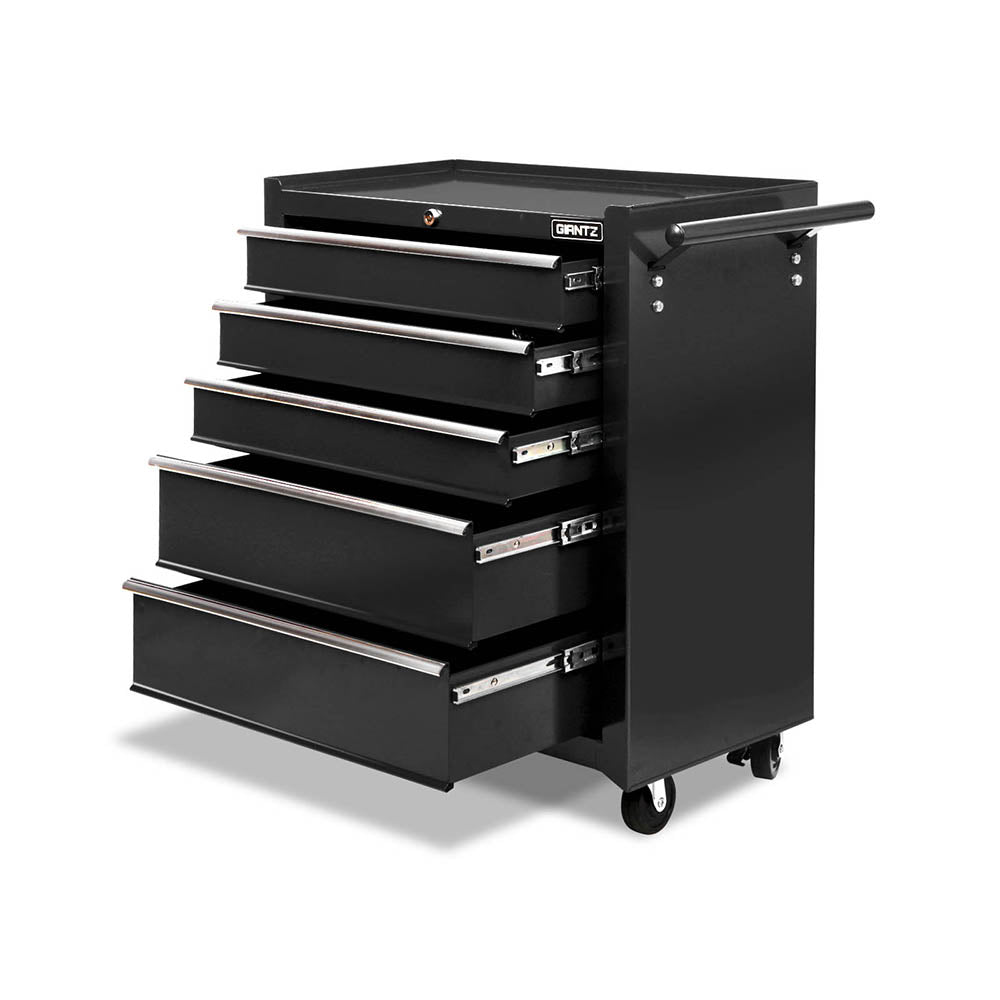 Black 5-drawer tool chest cabinet with stacked drawers and side door, on casters