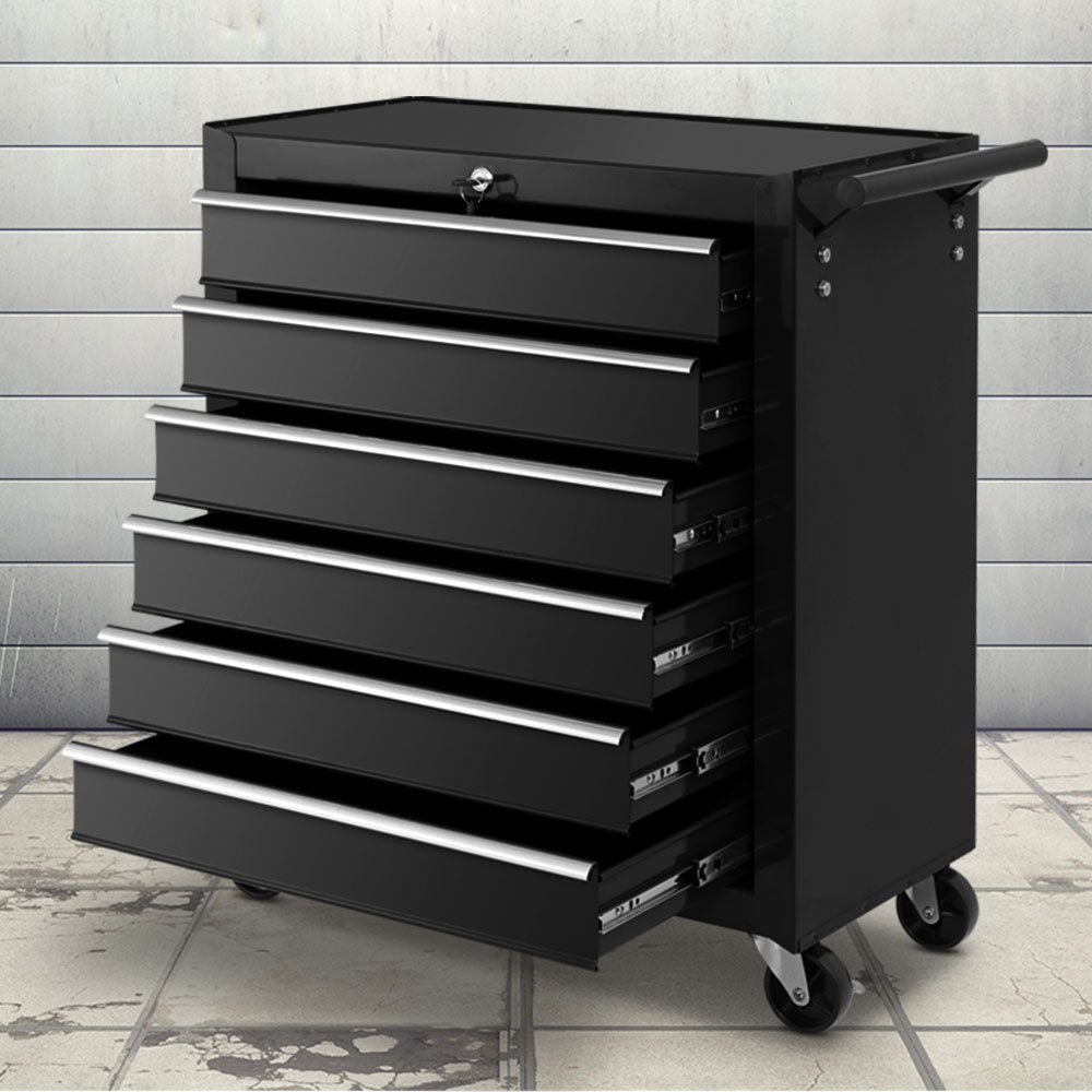Black 6-drawer tool chest cabinet with top lid and side handle, on swivel casters