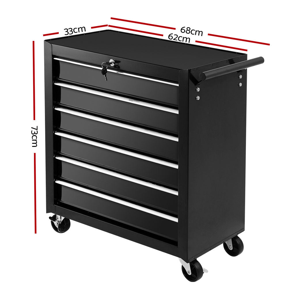 Black 6-drawer tool chest cabinet with top lid, side panel, and four caster wheels