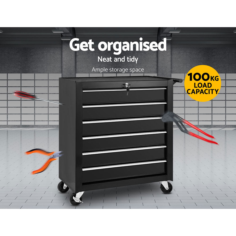 Black 6-drawer tool chest cabinet with center lock and rolling caster wheels