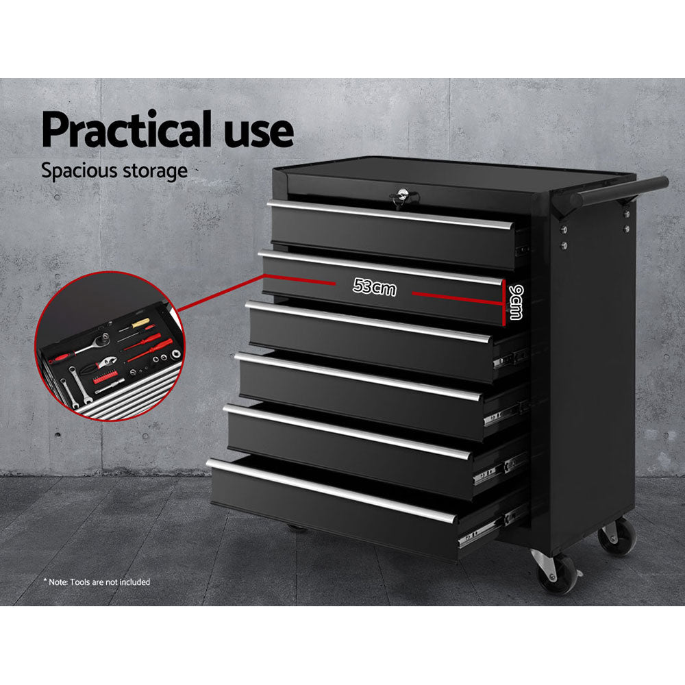 Black 6-drawer tool chest cabinet with multiple drawers, side handle, and caster wheels