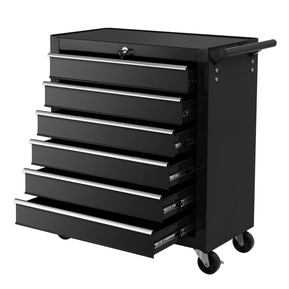 Black 6-drawer tool chest cabinet with top compartment, drawers, and side handle on casters