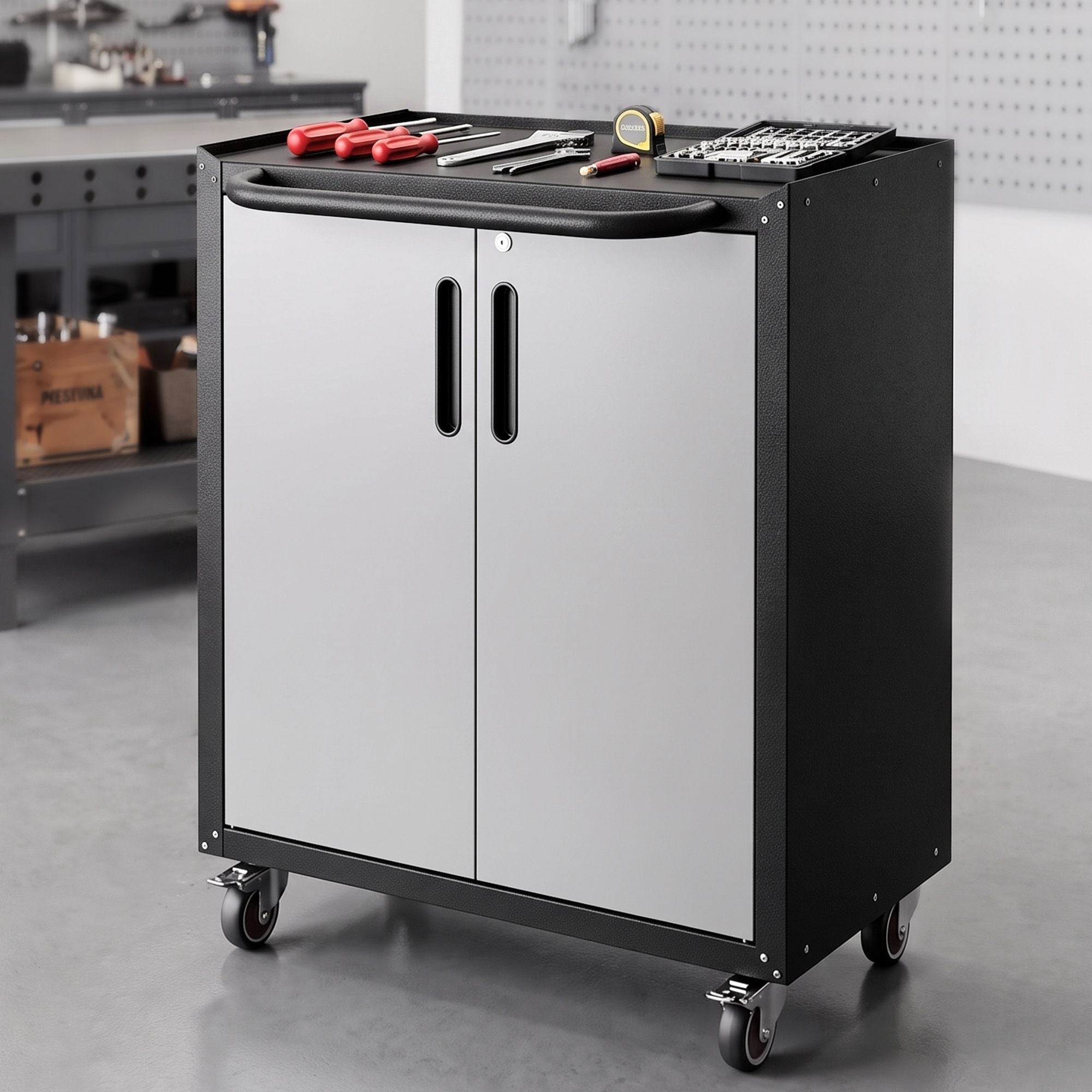 Giantz Rolling Tool Cabinet Heavy-Duty Storage Cabinet Adjustable Shelf Black and Grey Bedworld