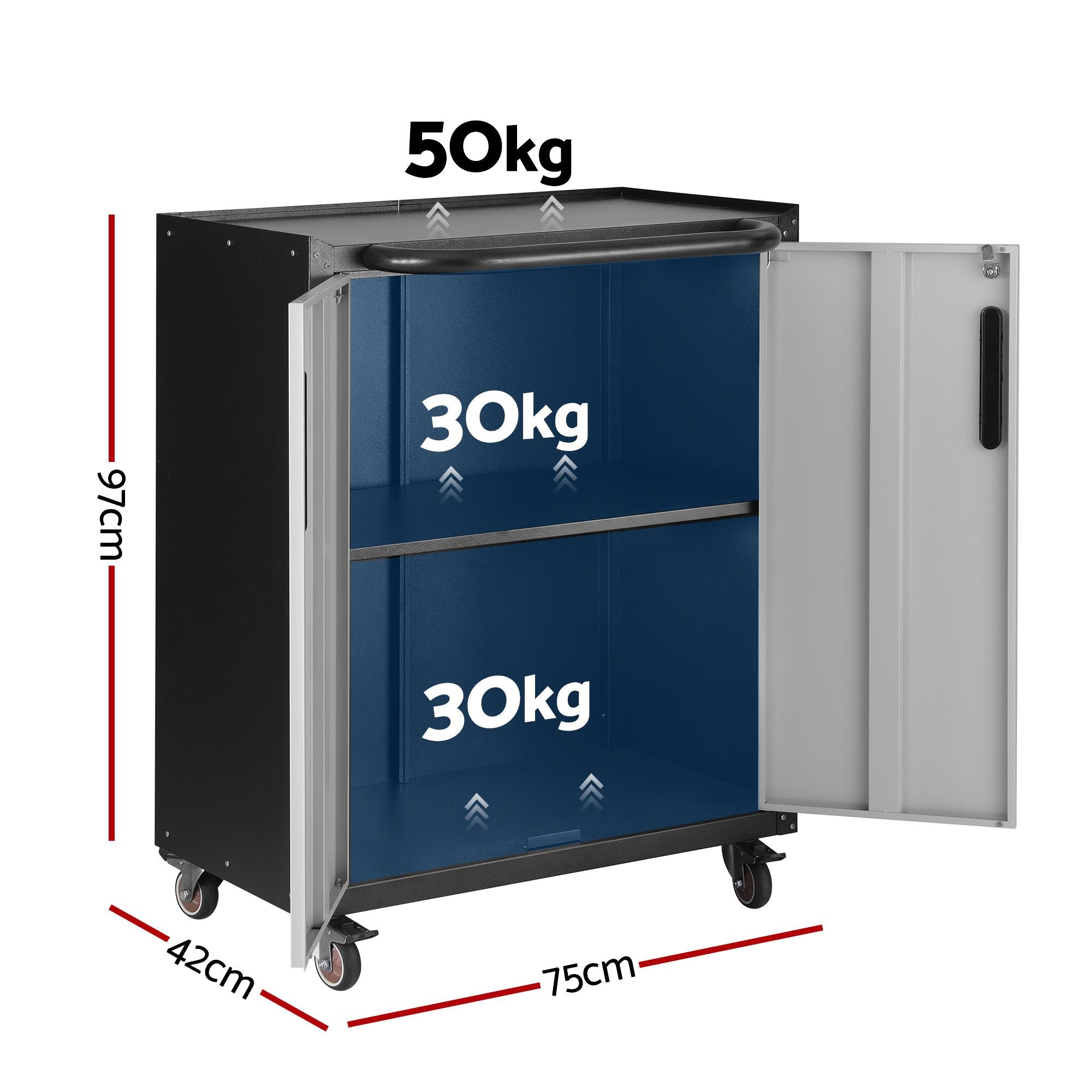 Giantz Rolling Tool Cabinet Heavy-Duty Storage Cabinet Adjustable Shelf Black and Grey Bedworld