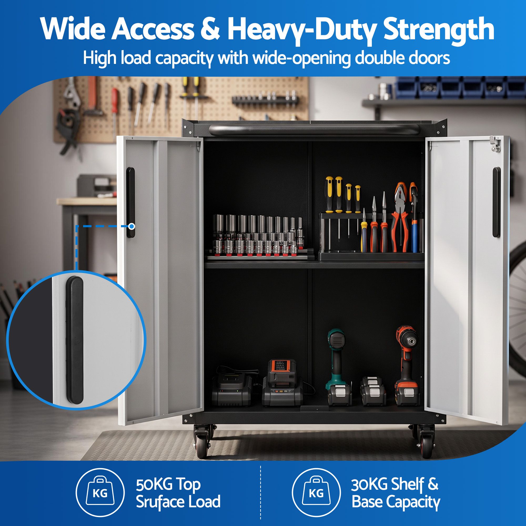 Giantz Rolling Tool Cabinet Heavy-Duty Storage Cabinet Adjustable Shelf Black and Grey Bedworld