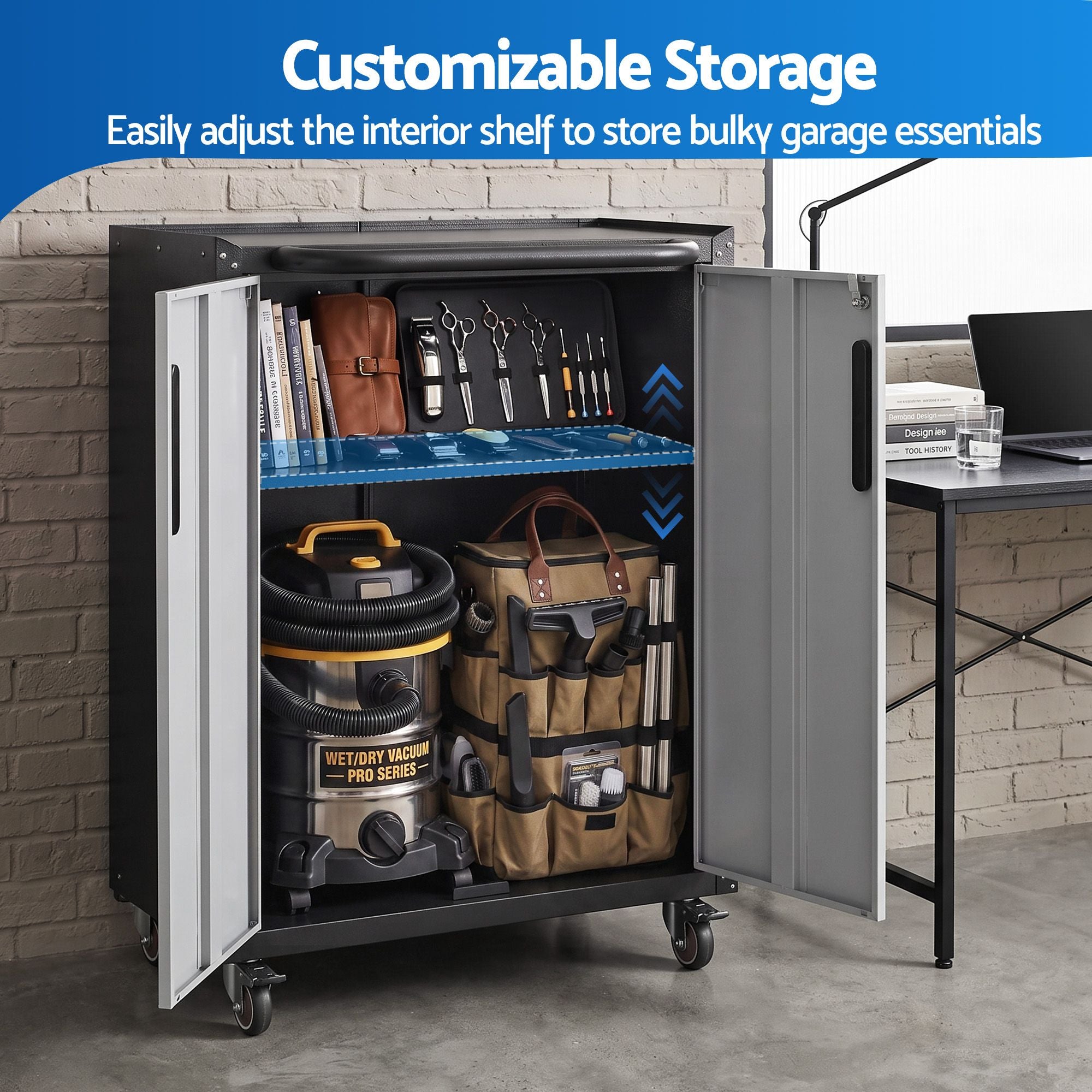 Giantz Rolling Tool Cabinet Heavy-Duty Storage Cabinet Adjustable Shelf Black and Grey Bedworld