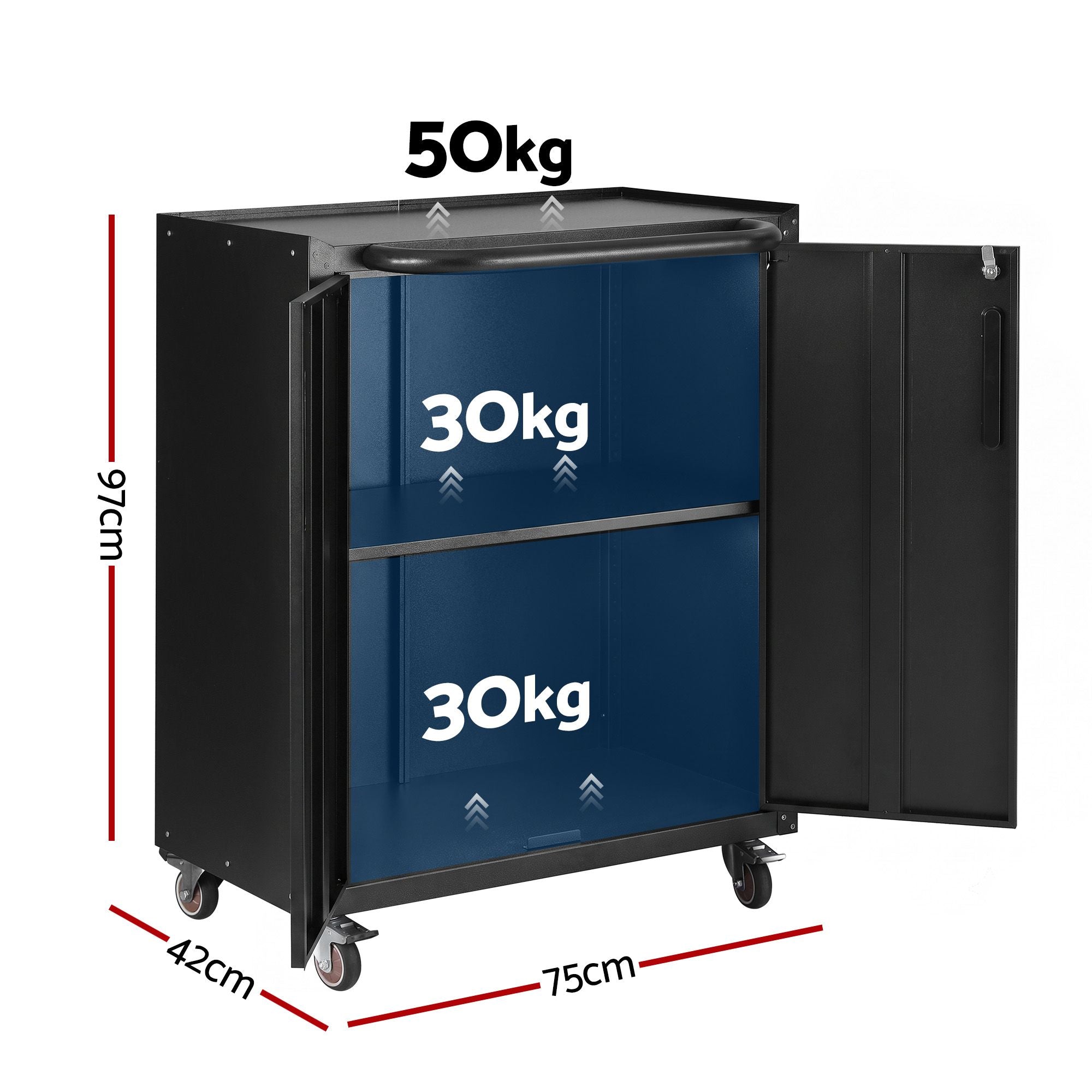 Giantz Rolling Tool Cabinet Heavy-Duty Storage Cabinet Adjustable Shelf Black Bedworld
