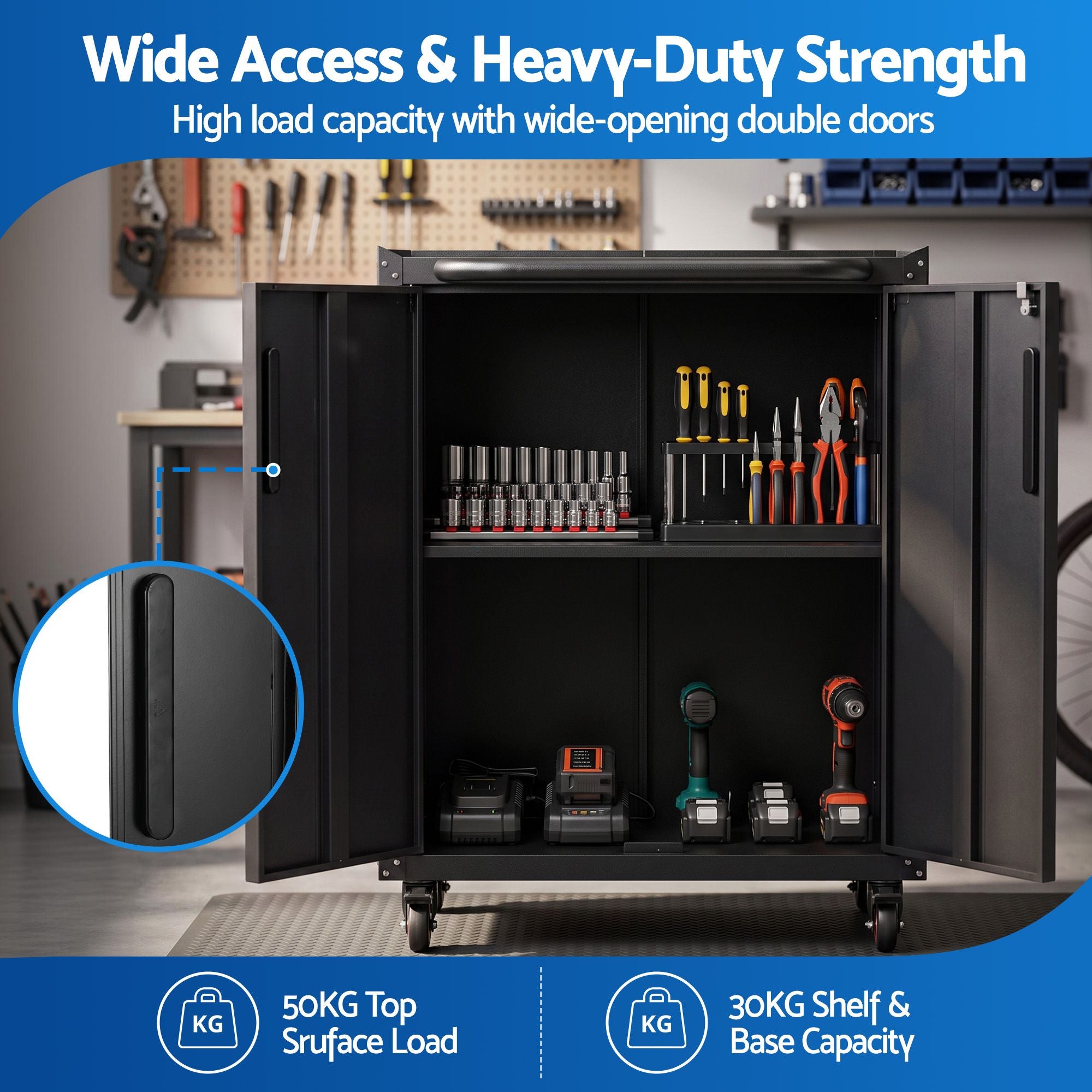 Giantz Rolling Tool Cabinet Heavy-Duty Storage Cabinet Adjustable Shelf Black Bedworld