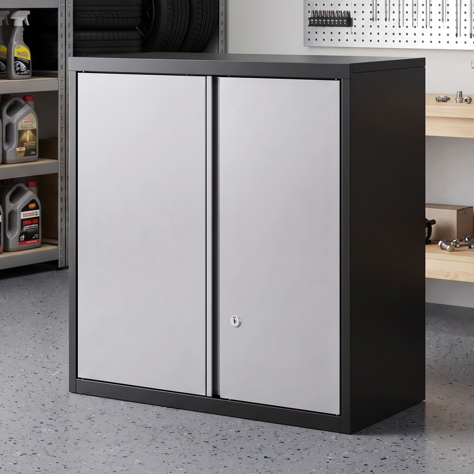 Giantz Steel Tool Cabinet Wall Mount Adjustable Shelf Garage Storage Lockable Black Grey Bedworld
