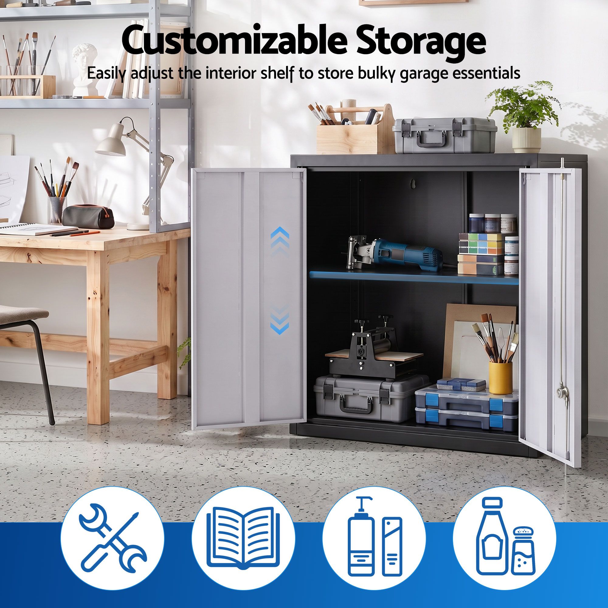 Giantz Steel Tool Cabinet Wall Mount Adjustable Shelf Garage Storage Lockable Black Grey Bedworld