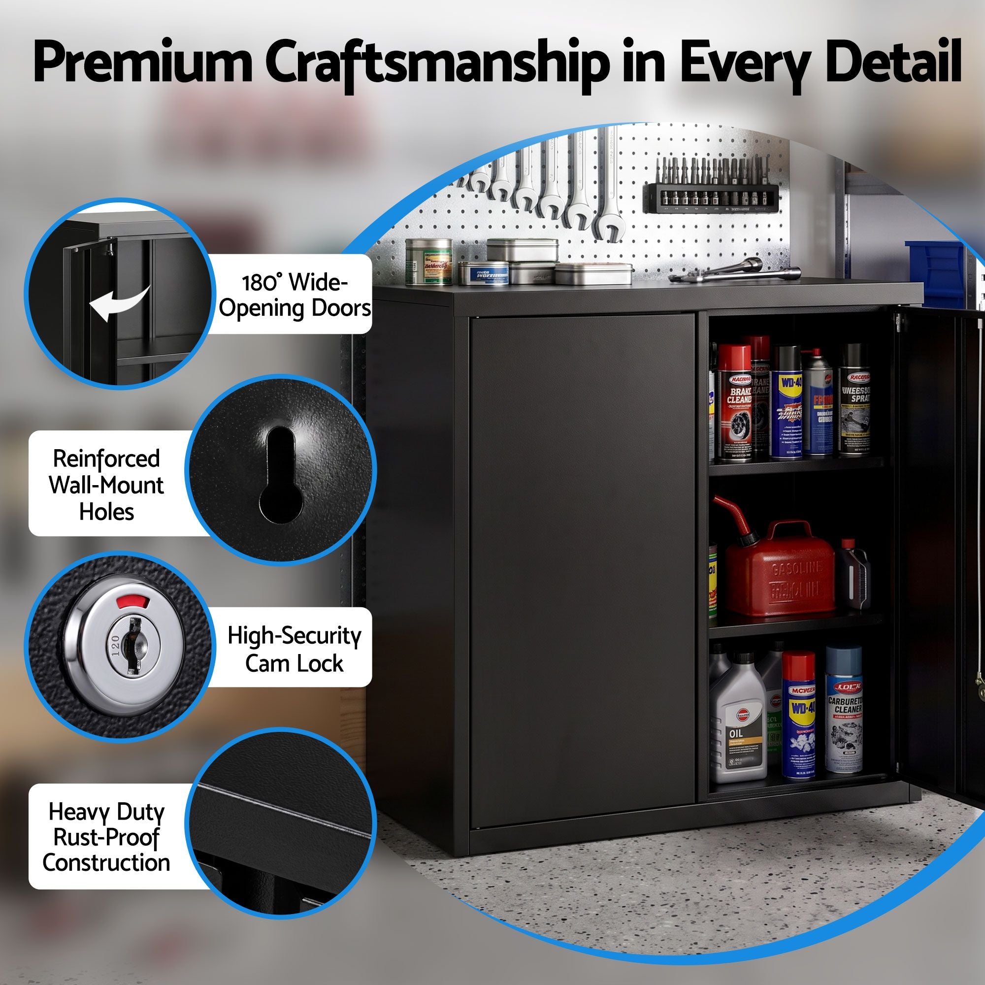 Giantz Steel Tool Cabinet Wall Mount Adjustable Shelf Garage Storage Lockable Black Bedworld