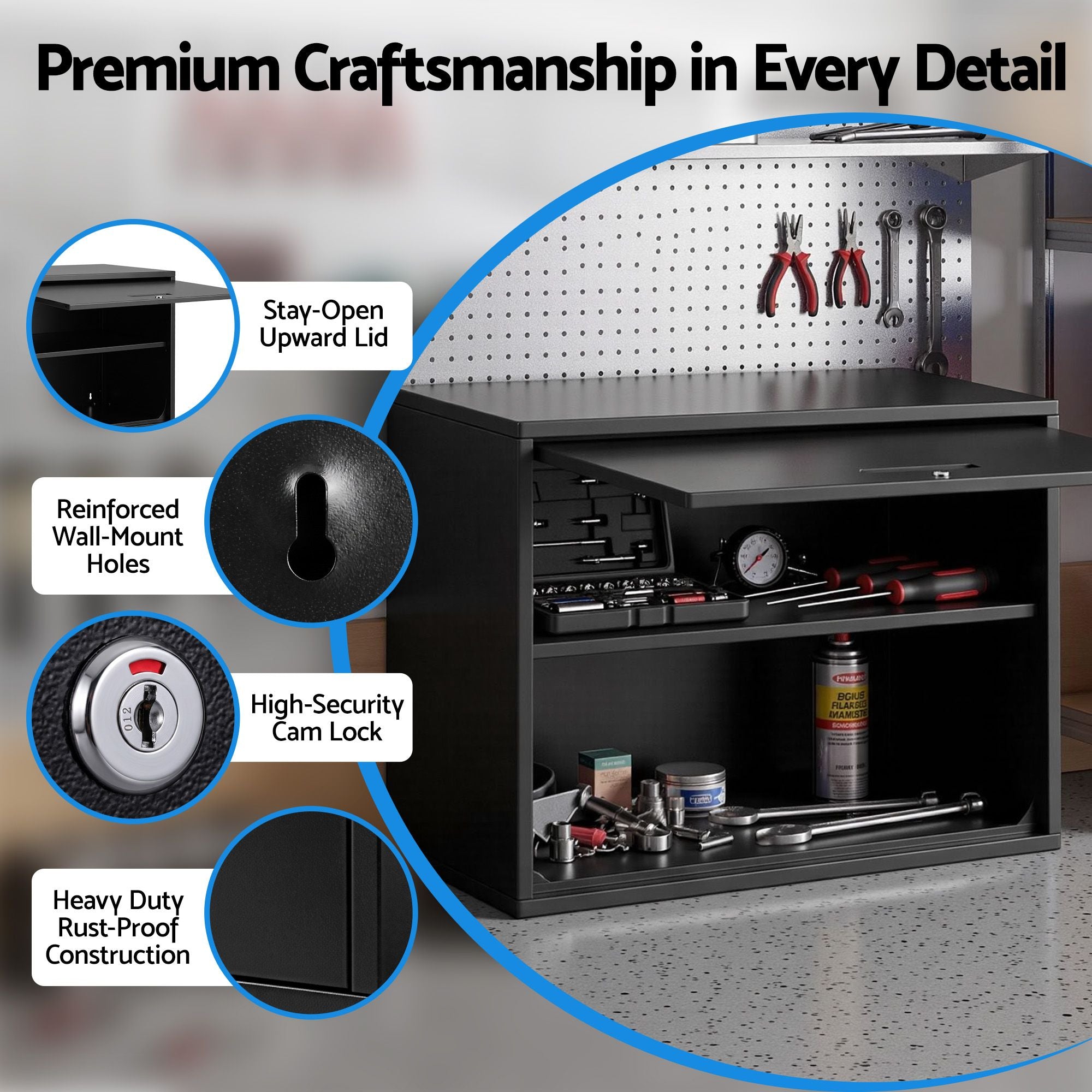 Giantz Wall Mount Steel Tool Cabinet Garage Storage Box Lockable Overhead Shelf Black Bedworld