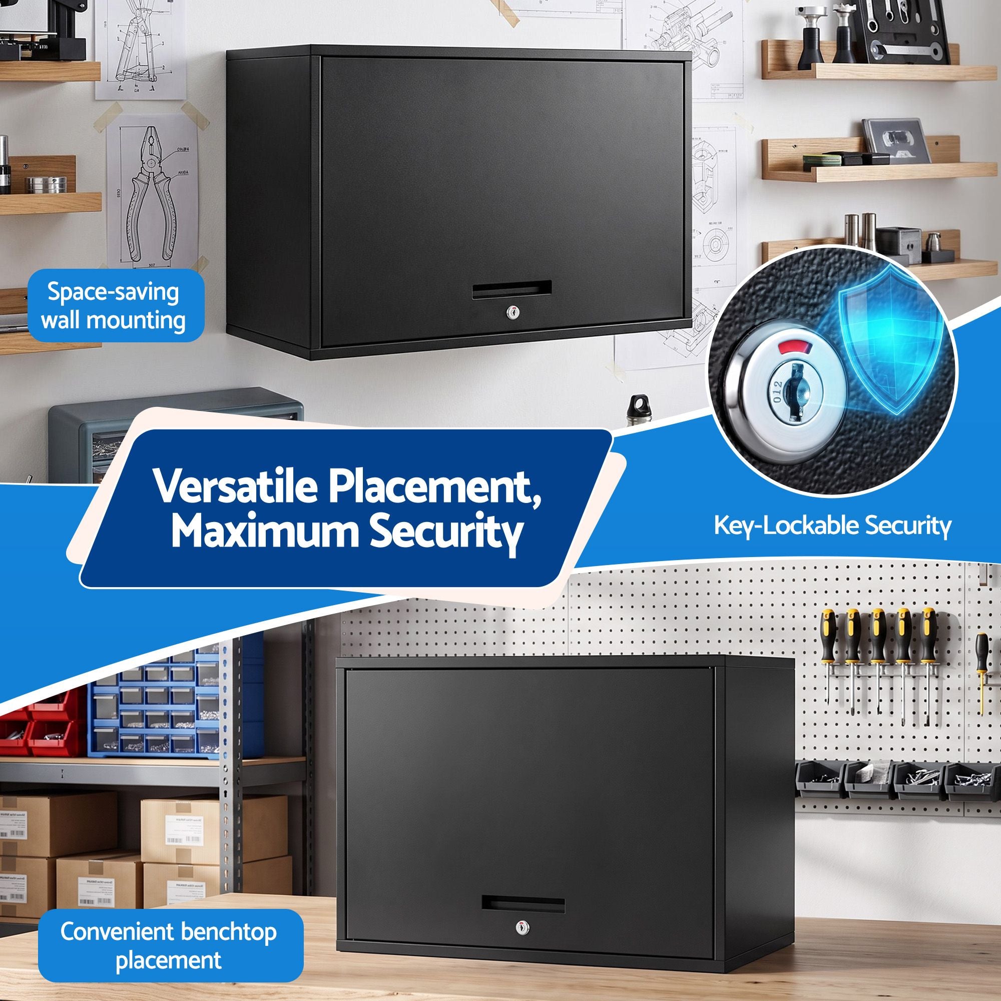 Giantz Wall Mount Steel Tool Cabinet Garage Storage Box Lockable Overhead Shelf Black Bedworld