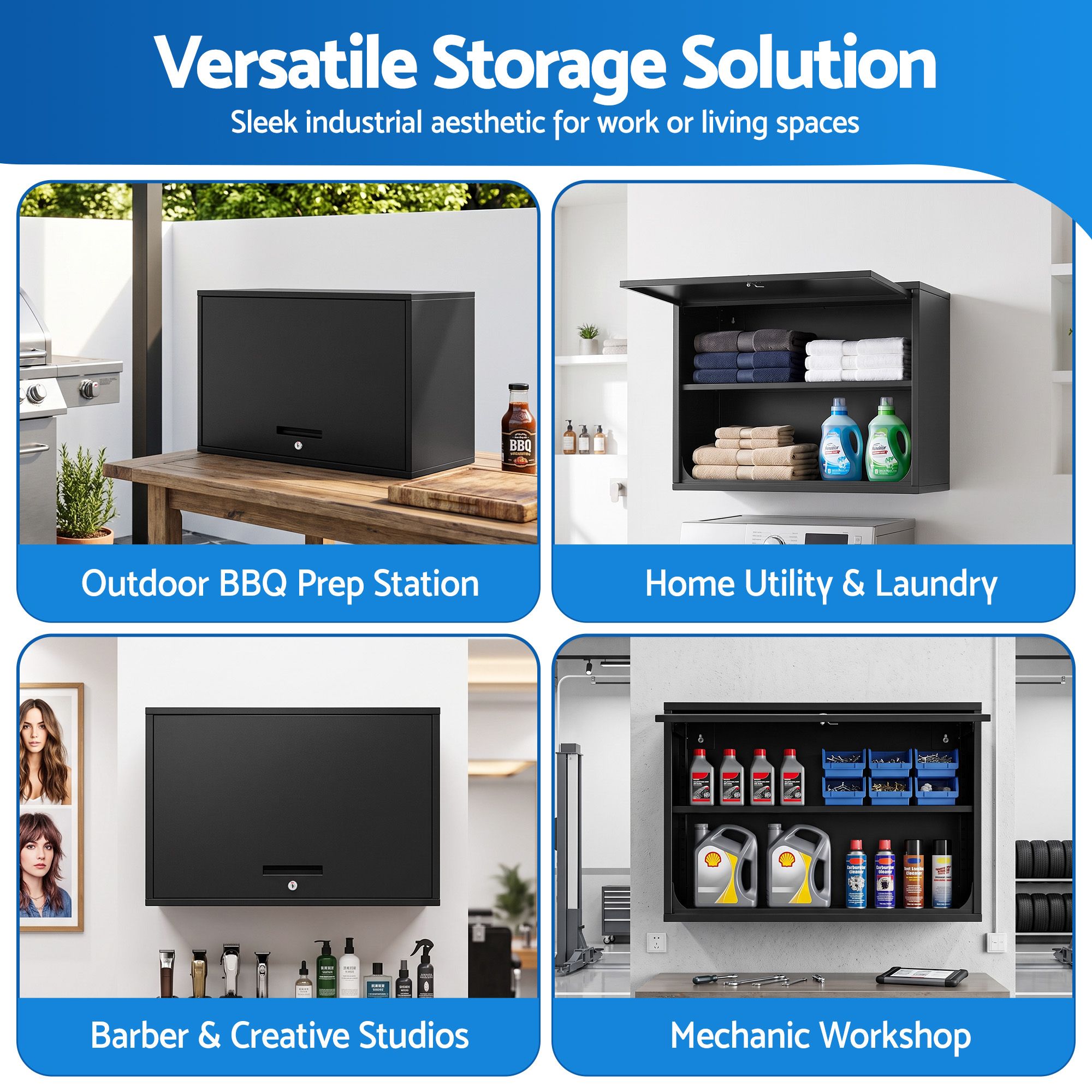 Giantz Wall Mount Steel Tool Cabinet Garage Storage Box Lockable Overhead Shelf Black Bedworld