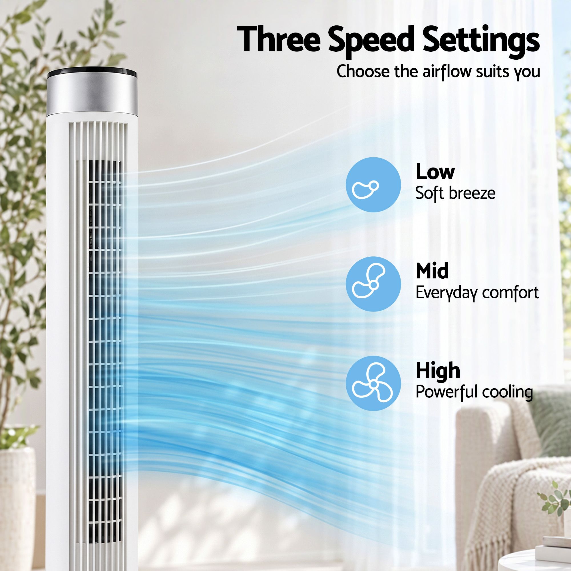 Devanti Tower Fan with Remote Control, 3 Speed 3 Mode 7.5h Timer, White Bedworld