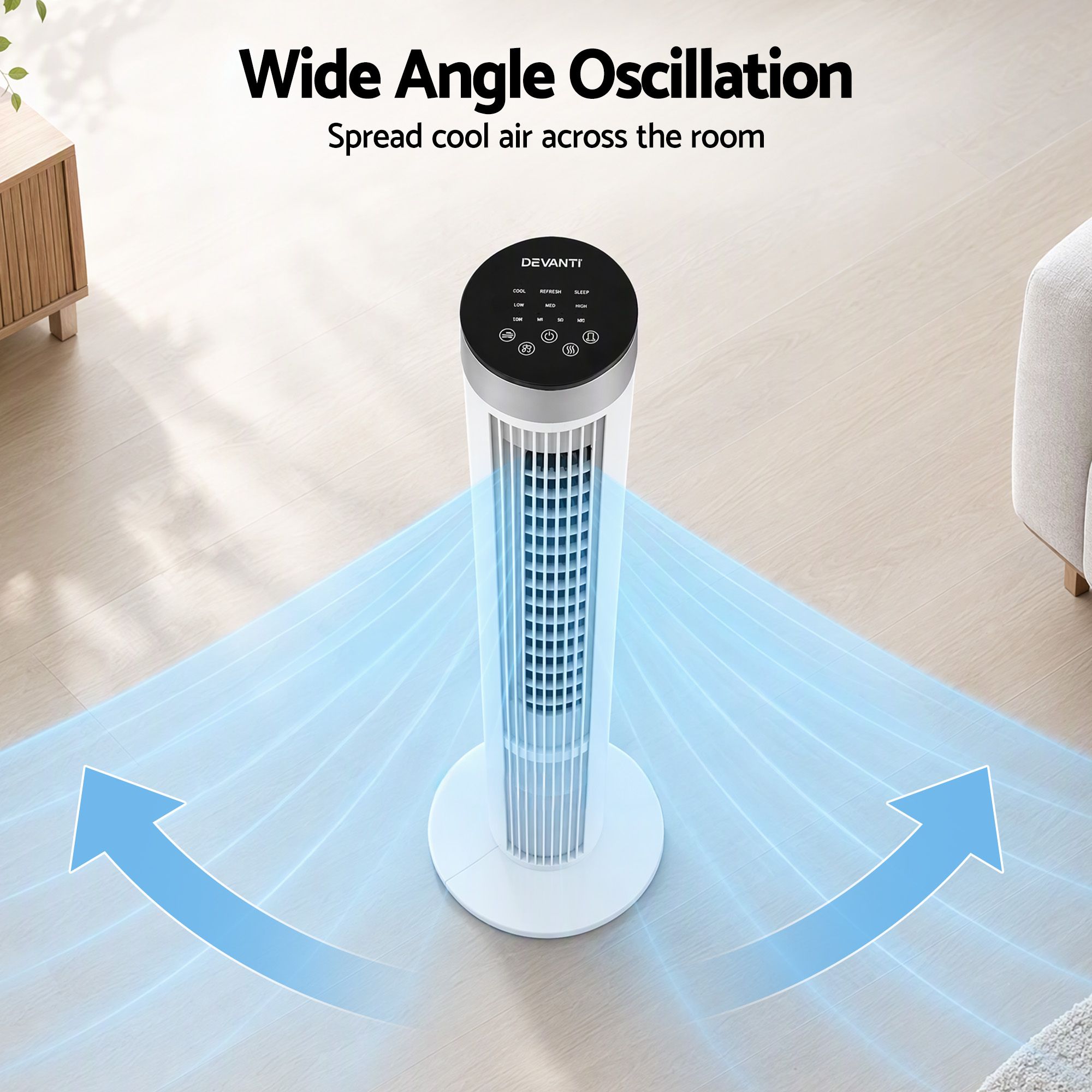 Devanti Tower Fan with Remote Control, 3 Speed 3 Mode 7.5h Timer, White Bedworld
