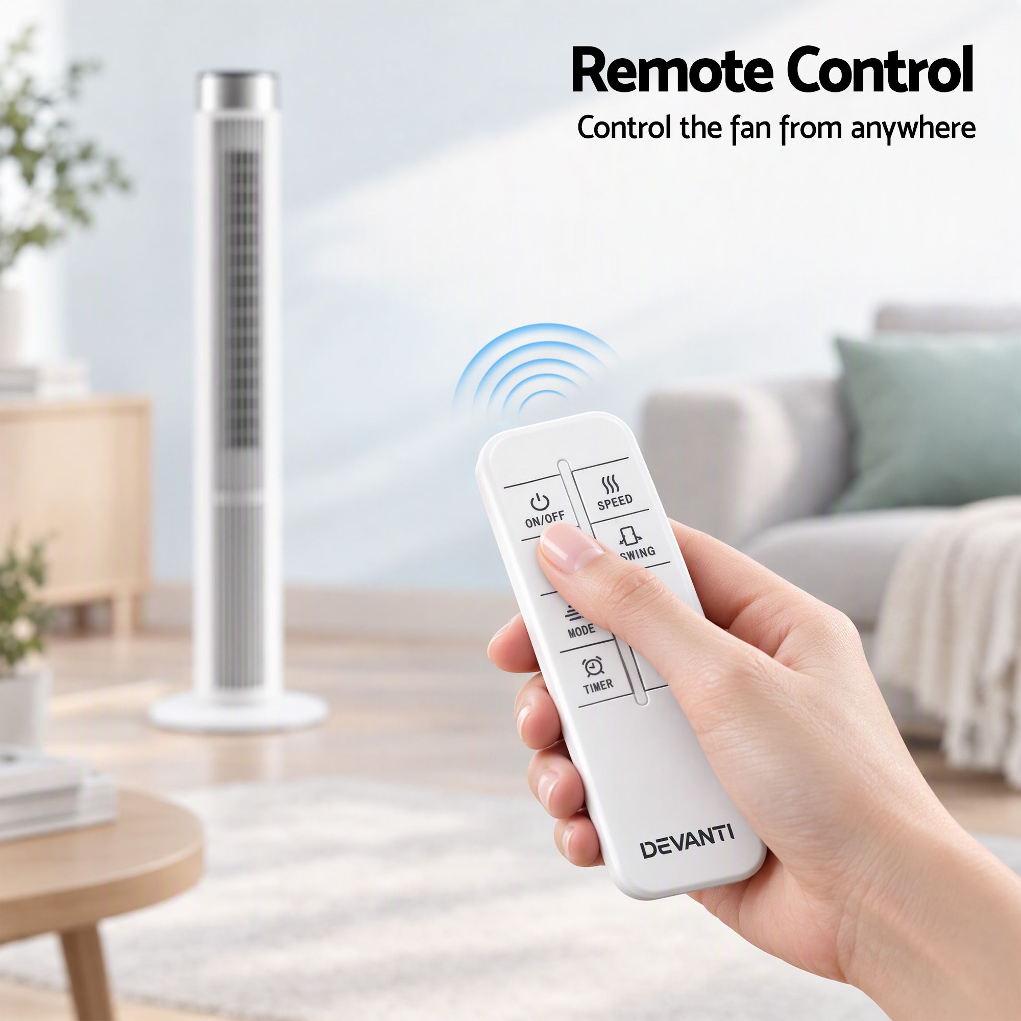 Devanti Tower Fan with Remote Control, 3 Speed 3 Mode 7.5h Timer, White Bedworld