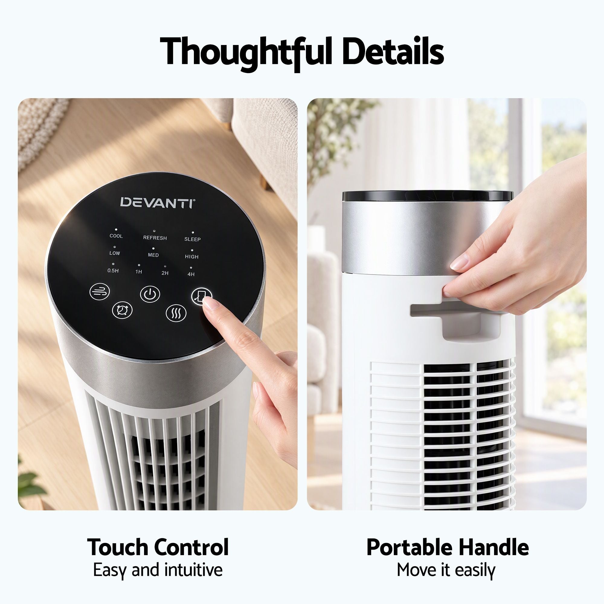 Devanti Tower Fan with Remote Control, 3 Speed 3 Mode 7.5h Timer, White Bedworld