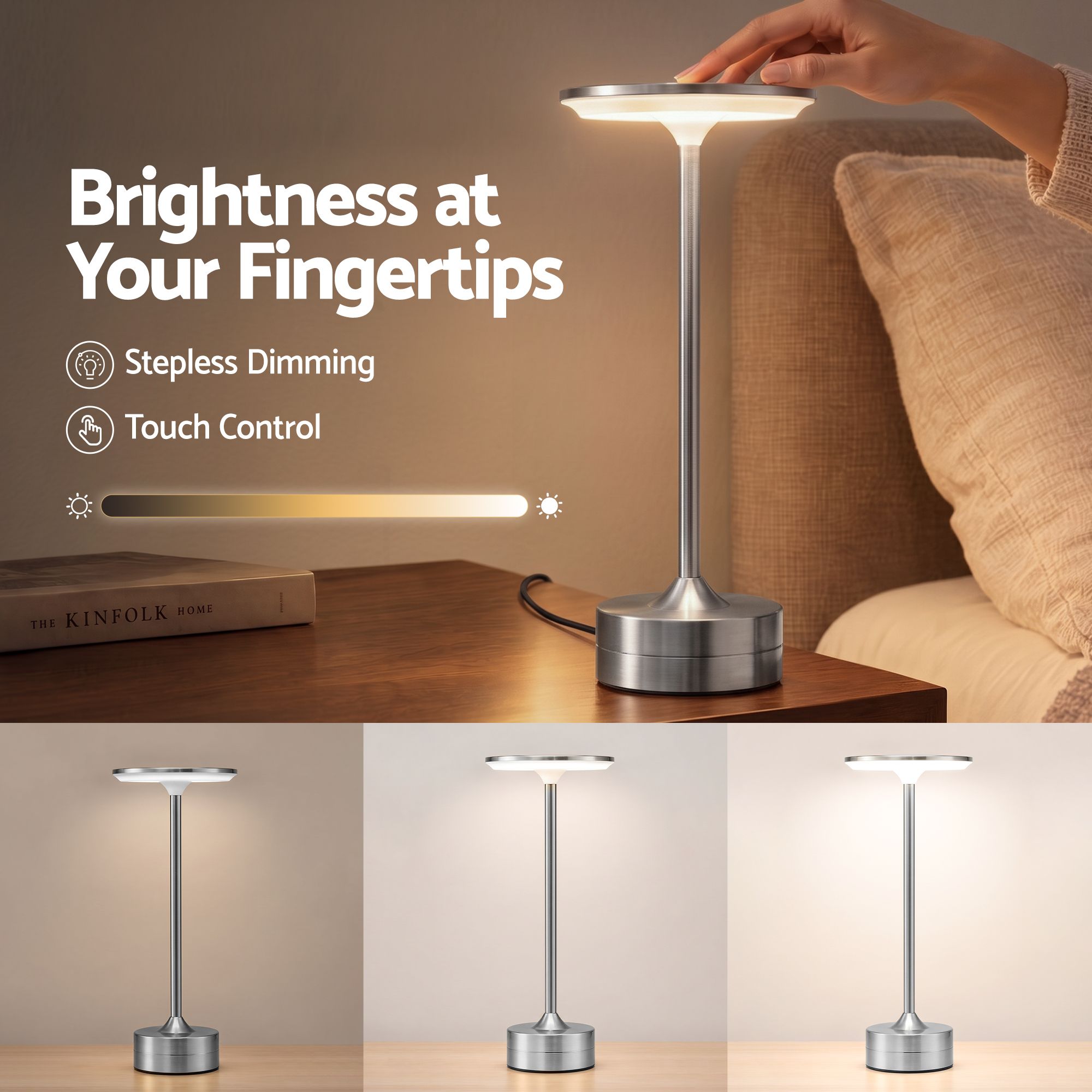 Artiss Silver Touch Table Lamp, Warm to Cool White LED, Dimmable 3000-6000K 24 LEDs, Type-C Bedworld